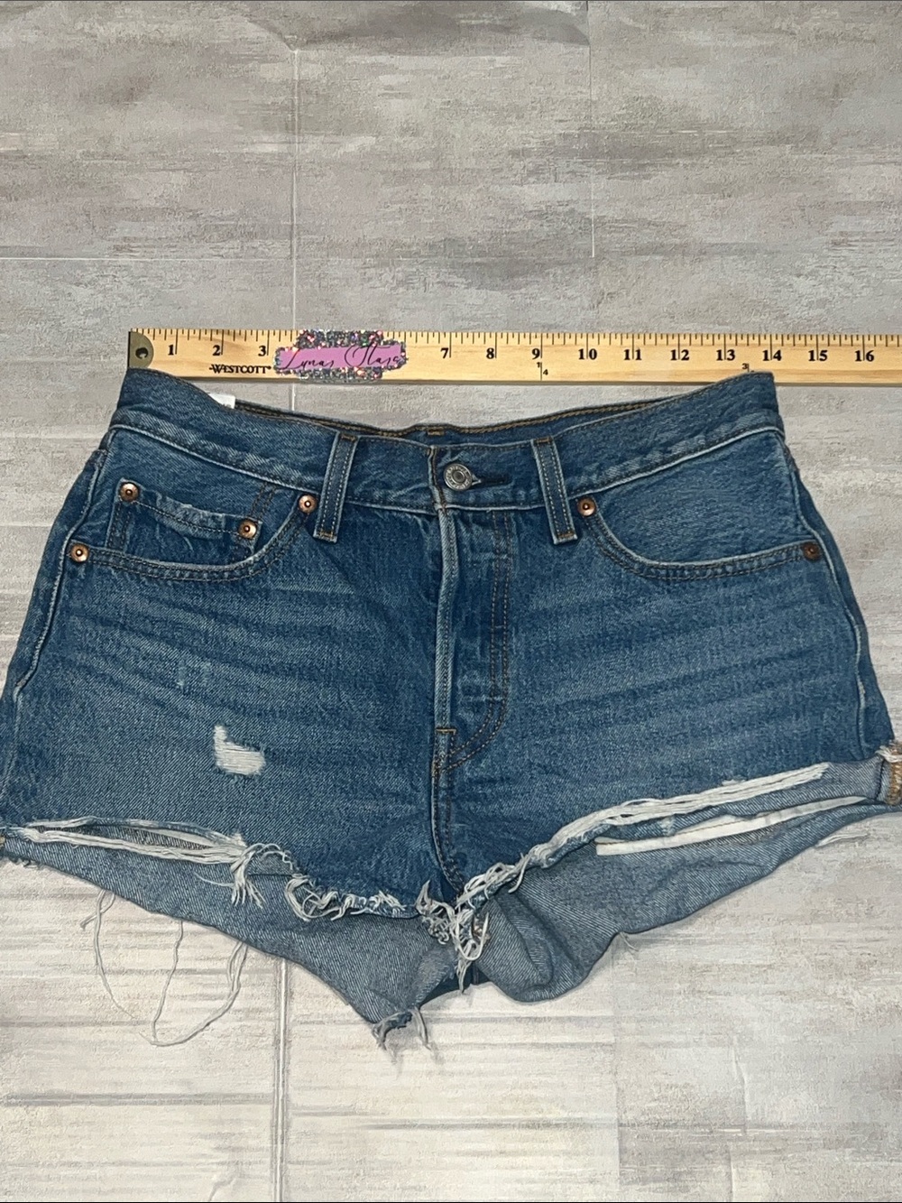 Levi's Distressed Dark Blue Denim Cutoff Shorts 501 button fly